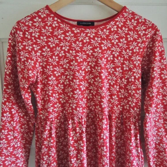 Lands' End Girls Red & White Floral Cotton Knit Dress 12 - Picture 2 of 7